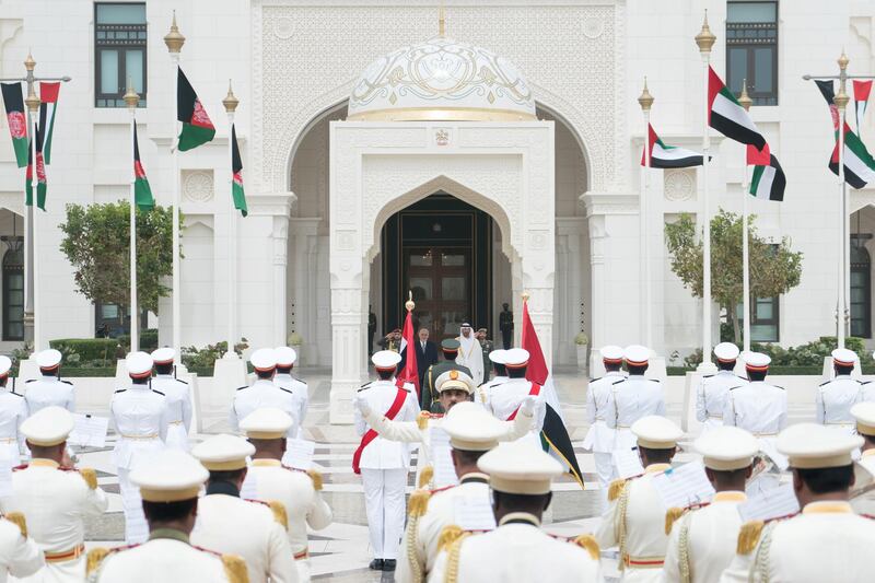 ABU DHABI, UNITED ARAB EMIRATES - March 17, 2019: HH Sheikh Mohamed bin Zayed Al Nahyan, Crown Prince of Abu Dhabi and Deputy Supreme Commander of the UAE Armed Forces (back R), receives HE Ashraf Ghani, President of Afghanistan (back L), at the Presidential Palace.  

( Rashed Al Mansoori / Ministry of Presidential Affairs )
---
