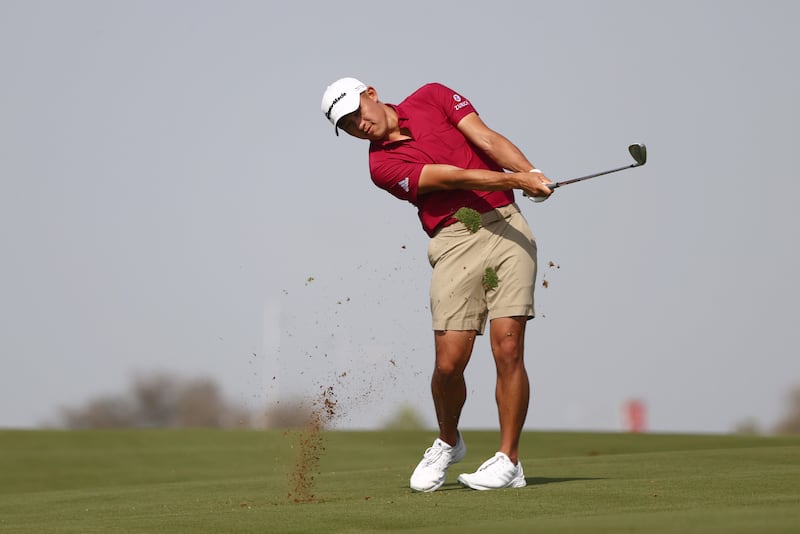 Collin Morikawa plays a shot on the seventh hole during a practice round prior to the Abu Dhabi HSBC Championship at Yas Links Golf Course. Getty