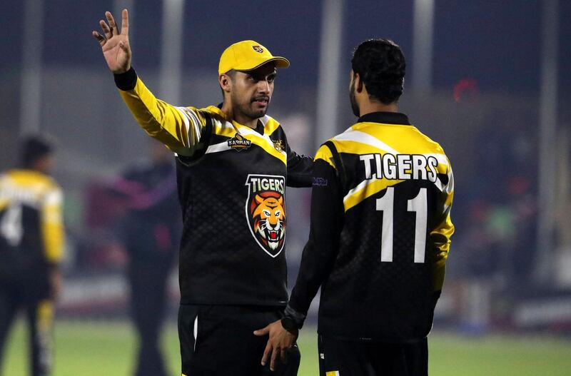 Ajman, United Arab Emirates - Reporter: Paul Radley. Sport. Cricket. Tiger's Babar Iqbal during the game between Panthers vs Tigers in the Karwan Rising Stars F40 Final. Thursday, February 11th, 2021. Ajman. Chris Whiteoak / The National