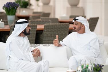Sheikh Mohammed bin Rashid, Vice President and Ruler of Dubai, was received by Sheikh Mohamed bin Zayed, Crown Prince of Abu Dhabi and Deputy Supreme Commander of the Armed Forces, at Al Shati Palace in Abu Dhabi. Courtesy: Ministry of Presidential Affairs