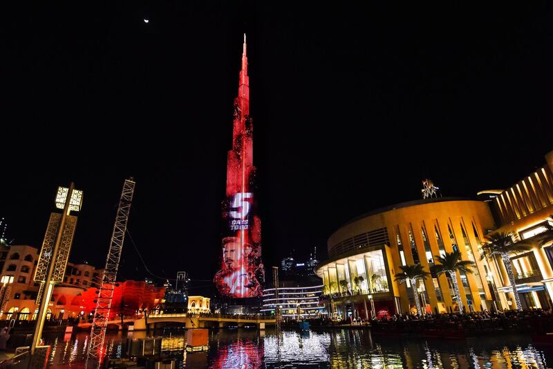 The first projection, day five in the countdown, showed Ironman aka Tony Stark, played by Robert Downey, Jr and Hawkeye "Clint" Barton played by Jeremy Renner Courtesy Emaar Courtesy Emaar