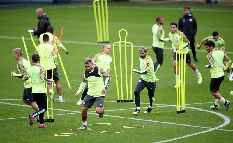 The Manchester City squad training ahead of their Champions League clash against Dinamo Zagreb on Tuesday. Reuters