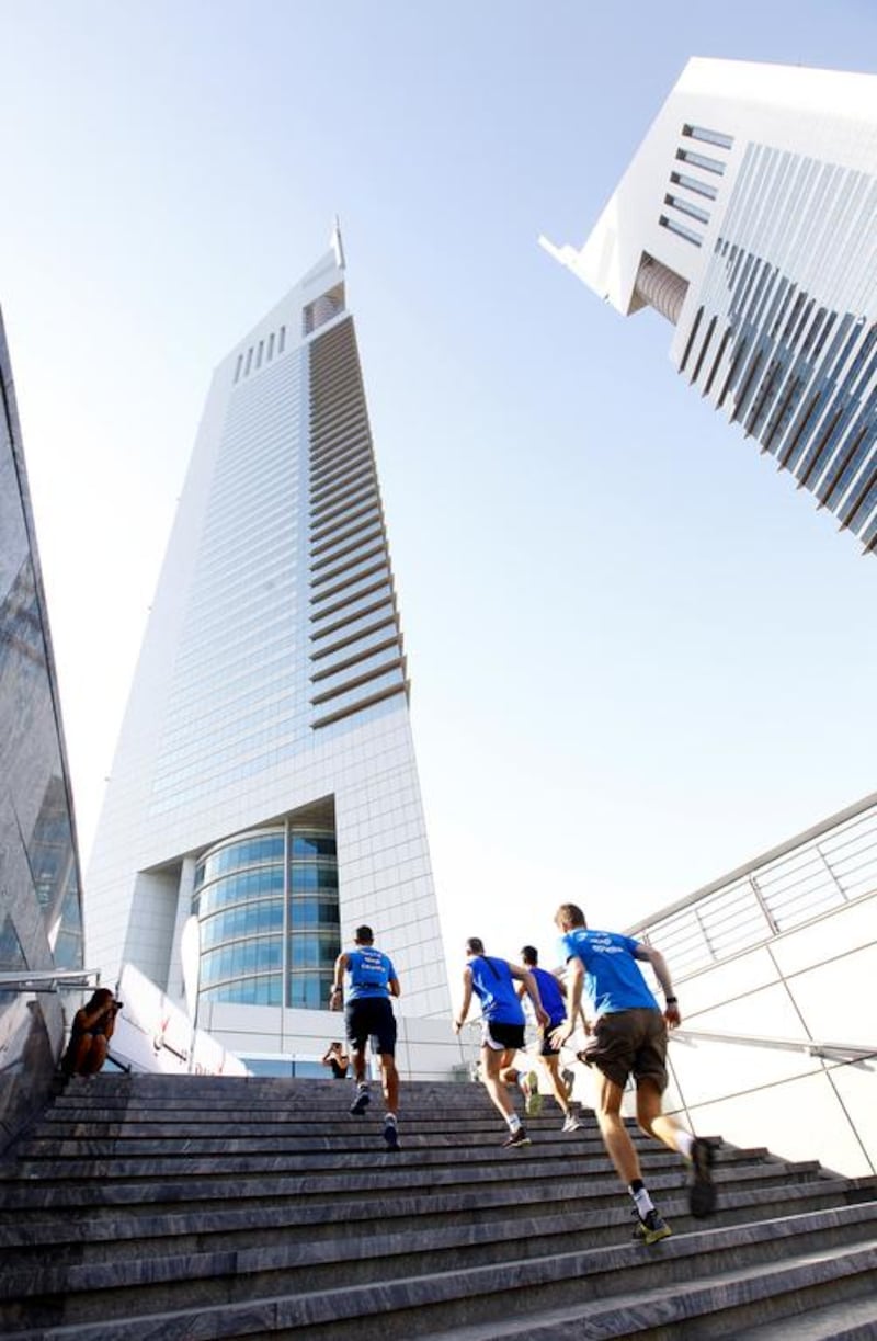 Dubai, United Arab Emirates - April 11, 2014.  Runners of the vertical marathon on its 12th edition, runs in team of four participants in every 30 seconds.  ( Jeffrey E Biteng / The National )  Editor's Note; Mel S reports.