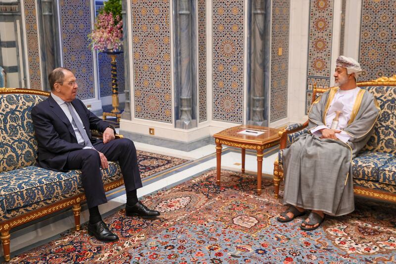 Mr Lavrov and Sultan Haitham during their meeting in Muscat. Russia's top diplomat is on a one-day visit to Oman. EPA