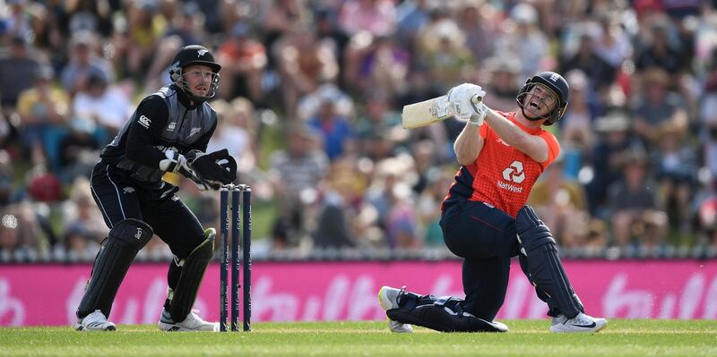 NELSON, NEW ZEALAND - NOVEMBER 05: England captain Eoin Morgan hits out for six runs during game three of the Twenty20 International series between New Zealand and England at Saxton Field on November 05, 2019 in Nelson, New Zealand. (Photo by Gareth Copley/Getty Images)