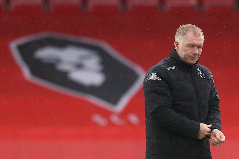 Paul Scholes, interim manager and co-owner of Salford City, during the 1-1 League Two draw with Crawley Town at the Peninsula Stadium on October 24. Getty