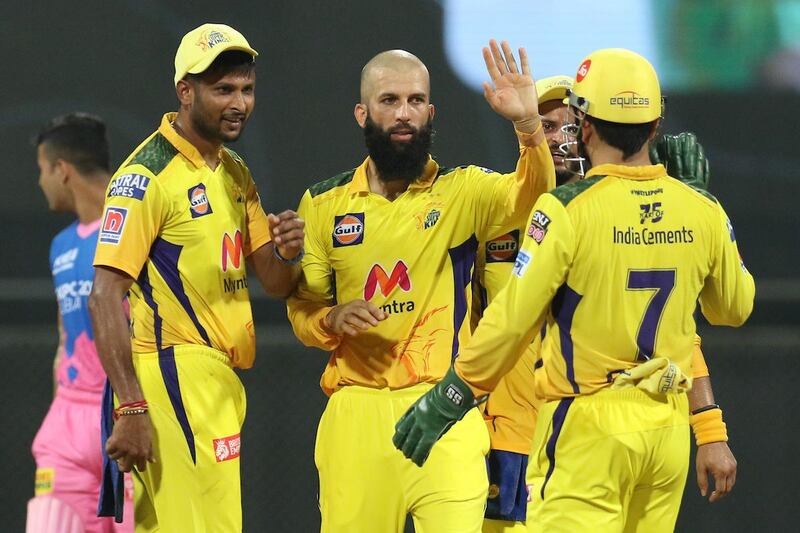 Moeen Ali of Chennai Super Kings celebrates the wicket of David Miller of Rajasthan Royals during match 12 of the Vivo Indian Premier League 2021 between the Chennai Super Kings and the Rajasthan Royals held at the Wankhede Stadium Mumbai on the 19th April 2021.

Photo by Deepak Malik/ Sportzpics for IPL
