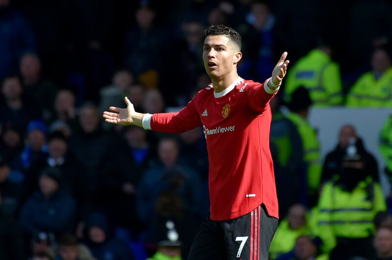 Manchester United's Cristiano Ronaldo gestures to the linesman. AP