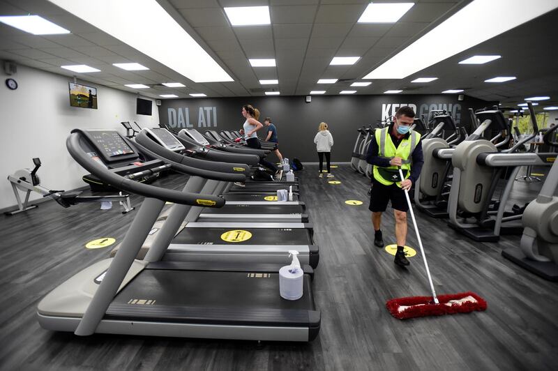People exercise in a gym, as lockdown restrictions are eased at Maindy Leisure Centre, Cardiff, Wales. Reuters