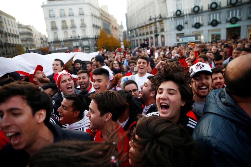 River Plate fans sing in Puerta del Sol Square, Madrid. Reuters