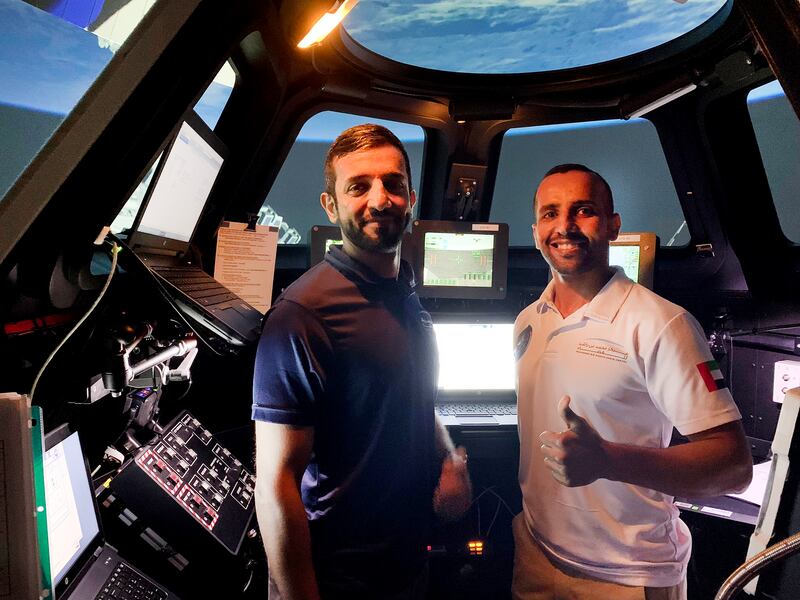 UAE astronauts Hazza Al Mansouri and Sultan Al Neyadi are learning how to operate the Canadarm2, a robotic arm on the International Space Station, at the Nasa Johnson Space Centre in Houston. The arm is used by astronauts to capture Cygnus cargo supply vehicles that brings food and science experiments. Photo: Dr Al Neyadi Twitter
