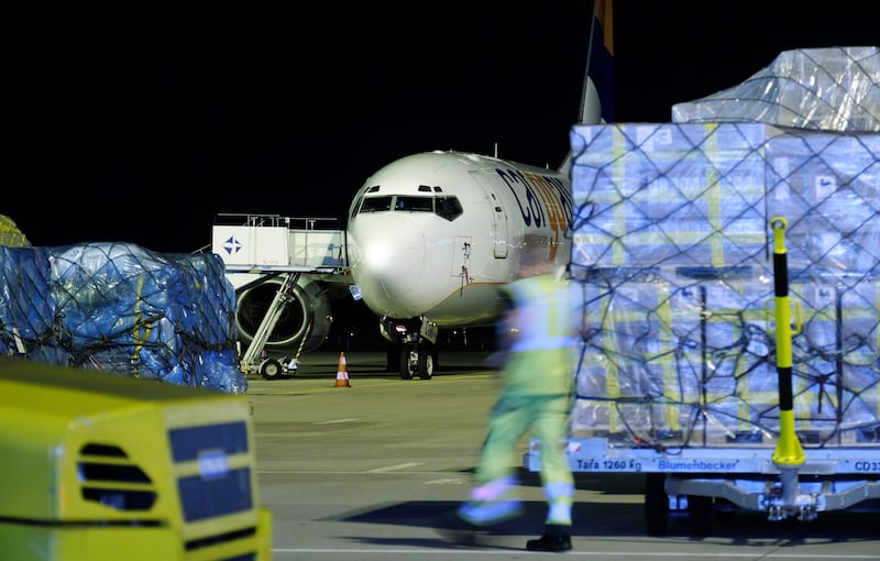 13 August 2019, Saxony, Schkeuditz: Air freight is being prepared for transport at Leipzig-Halle Airport. Leipzig/Halle Airport continues to grow. Photo: Sebastian Willnow/dpa-Zentralbild/dpa (Photo by Sebastian Willnow/picture alliance via Getty Images)