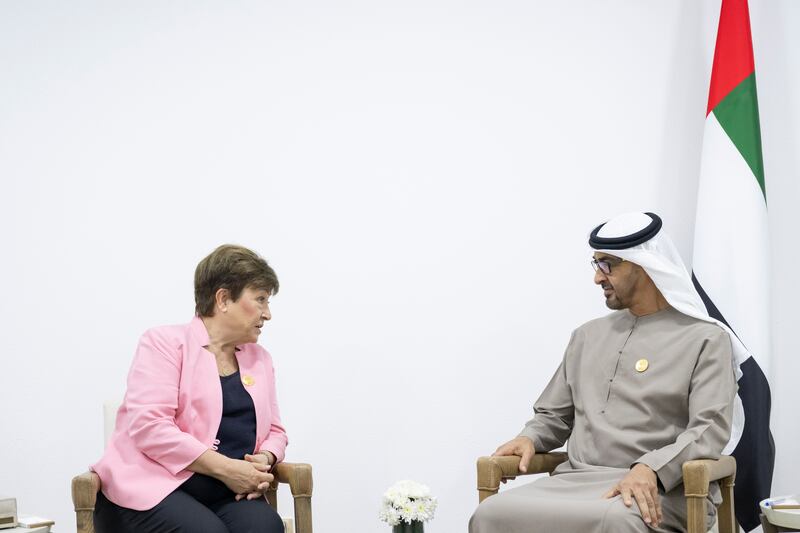 Sheikh Mohamed meets with Kristalina Georgieva, managing director of the International Monetary Fund. Hamad Al Kaabi / UAE Presidential Court 