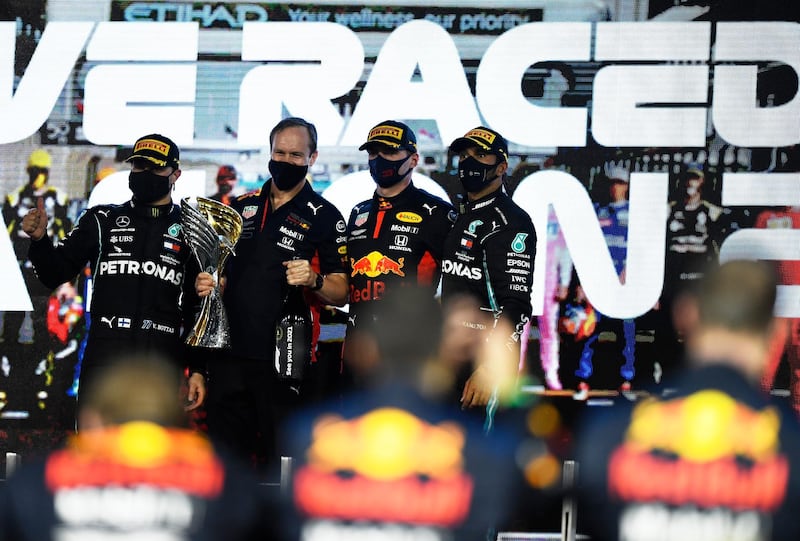 Race winner Max Verstappen with second placed Valtteri Bottas and Lewis Hamilton who finished third. Getty
