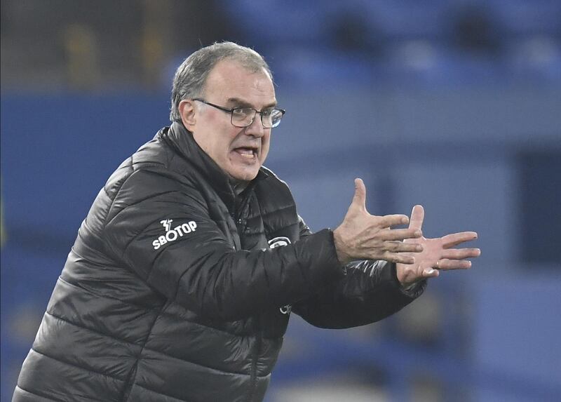 epa08849807 Head coach Marcelo Bielsa of Leeds reacts during the English Premier League soccer match between Everton FC and Leeds United in Liverpool, Britain, 28 November 2020.  EPA/Peter Powell / POOL EDITORIAL USE ONLY. No use with unauthorized audio, video, data, fixture lists, club/league logos or 'live' services. Online in-match use limited to 120 images, no video emulation. No use in betting, games or single club/league/player publications.