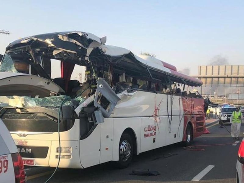 The solid-steel barrier cut through the left side of the bus at seat height, killing 17 passengers. Photo: Dubai Police