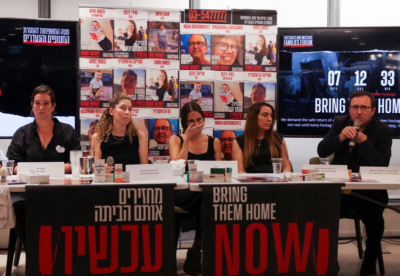 Professor Hagai Levine, head of medicine and contact person for the Red Cross, at a press conference held by the families of people who are missing or were abducted from Israel. Reuters