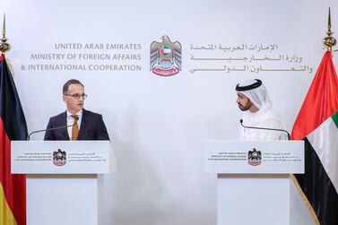 Ministry of Foreign Affairs and International Cooperation Sheikh Abdullah bin Zayed at a press conference with German Foreign Minister Heiko Maas. Victor Besa for The National