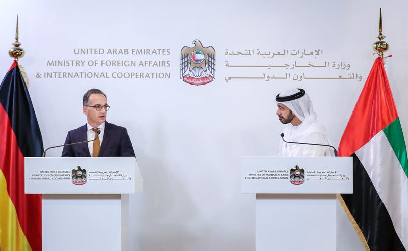 Abu Dhabi, United Arab Emirates, June 9, 2019.  Ministry of Foreign Affairs and International Cooperation (MoFAIC)  press conference between the Minister of Foreign Affairs and International Cooperation - United Arab Emirates and the Federal Minister of Foreign Affairs - Federal Republic of Germany. --  
   (R-L) H.H. Sheikh Abdullah bin Zayed Al Nahyan, Minister of Foreign Affairs and International Cooperation, United Arab Emirates and H.E. Heiko Maas, the Federal Minister for Foreign Affairs, Federal Republic of Germany.
Victor Besa/The National
Section:   NA
Reporter:  Mina Aldroubi