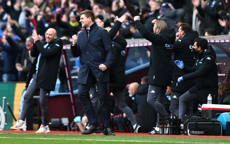 Manager Steven Gerrard celebrates after Villa's Danny Ings made it 4-0 against Southampton. Getty