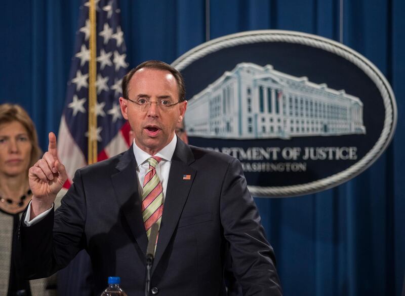 epa07195220 US Deputy Attorney General Rod Rosenstein announces the indictment of two Iranians in the SamSam Ransomware attack at the Department of Justice in Washington, DC, USA, 28 November 2018. The computer ransomware attack targeted multiple hospitals, municipalities and public institutions, including the city of Atlanta, according to the indictment.  EPA/ERIK S. LESSER
