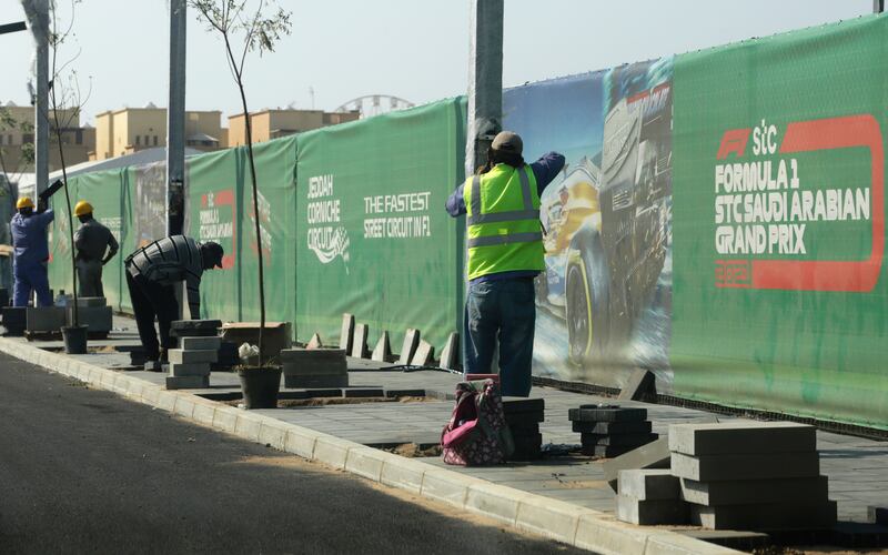 A road crew works outside the Formula One corniche circuit, in Jiddah, Saudi Arabia. The F1 race, which will take place from Dec.  3-5, will be the first time Saudi Arabia hosts the premier sporting event. AP Photo