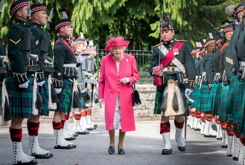 The queen during an inspection in August of Balaklava Company, 5 Battalion the Royal Regiment of Scotland, at the gates of Balmoral as she takes up summer residence at the castle.