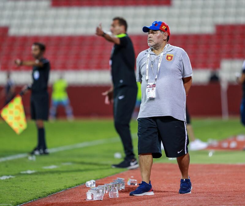 Fujairah, UAE, April 27, 2018.  Final round of 2017/18 First Division. Diego Maradona and Fujairah set to seal promotion to the Arabian Gulf League.   Fujairah v Khorfakkan.
Victor Besa / The National
Sports
Reporter: John McAuley.