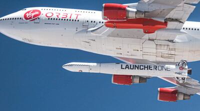 LauncherOne was supposed to go into orbit from under the wing of Cosmic Girl, Virgin Orbits's modified Boeing 747. The rocket's engine ignited successfully, but "an anomaly" then forced the crew to abort mission, said the company. Courtesy Virgin Orbit    