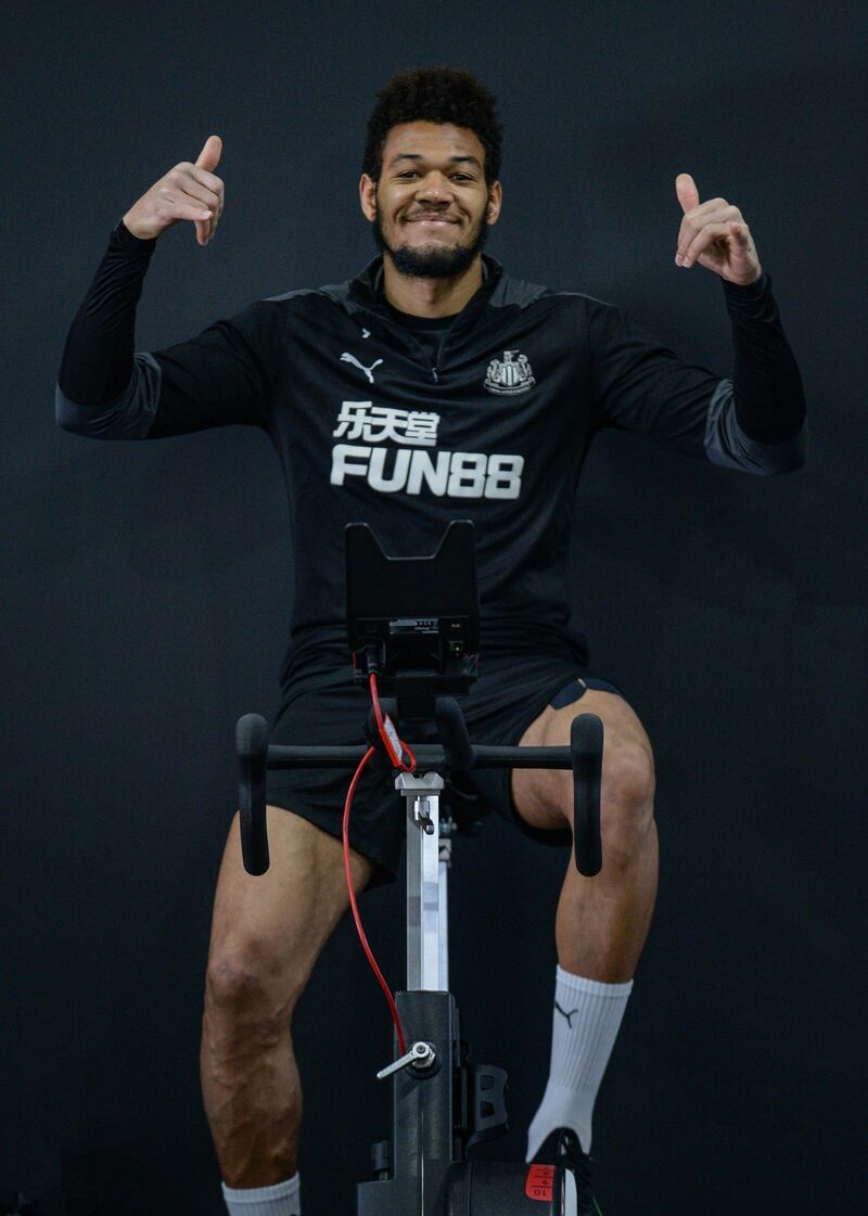 NEWCASTLE UPON TYNE, ENGLAND - APRIL 09: Joelinton on the exercise bike during the Newcastle United Training Session at the Newcastle United Training Centre  on April 09, 2021 in Newcastle upon Tyne, England. (Photo by Serena Taylor/Newcastle United via Getty Images)