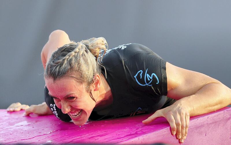 Dubai, United Arab Emirates - April 06, 2019: A member of the F3 team takes part in the women's finals of the Gov Games 2019. Saturday the 6th of April 2019. Kite Beach, Dubai. Chris Whiteoak / The National