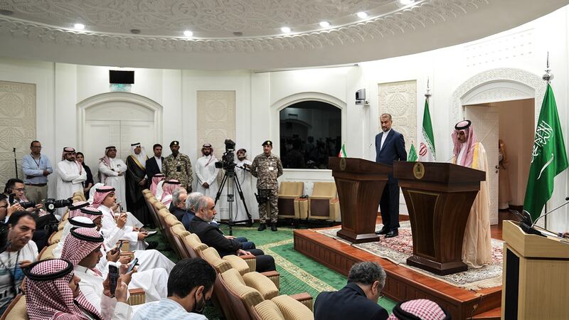 Saudi Foreign Minister Prince Faisal bin Farhan, right, and Iranian Foreign Minister Hossein Amir-Abdollahian hold a news conference in Riyadh on Thursday. EPA