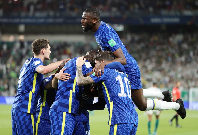 Chelsea celebrate after Romelu Lukaku scored against Palmeiras in the Fifa Club World Cup final at the Mohammed bin Zayed Stadium in Abu Dhabi.