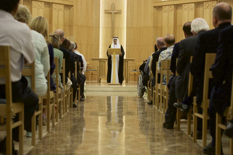 Sheikh Nahyan bin Mubarak, Minister of Culture, Youth and Community Development, during the reopening of St Andrew’s Church in Abu Dhabi on Thursday. The Minister praised the commitment that helped people of all faiths in the UAE build bridges. Vidhyaa for The National
