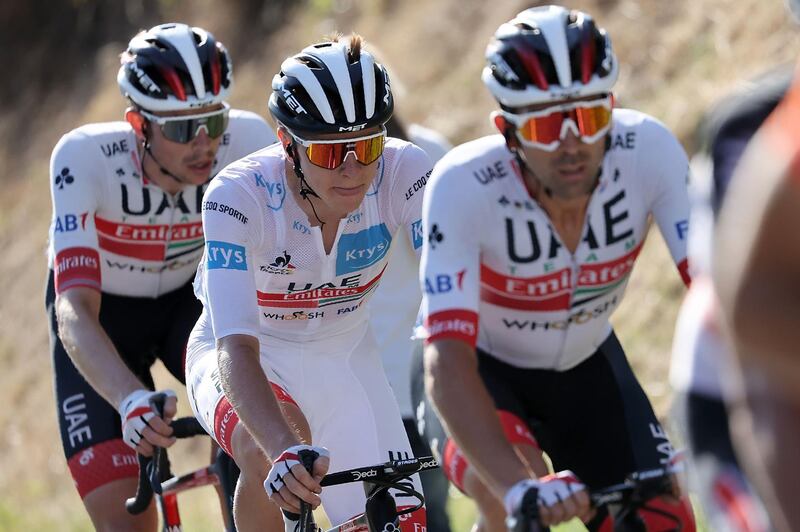 Team UAE Emirates' Tadej Pogacar wearing the best young rider's white jersey. AFP