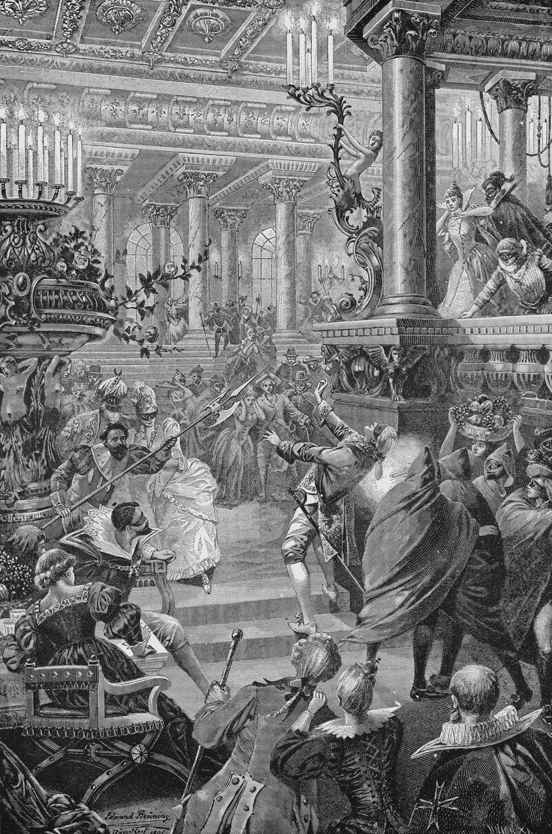 The assassination of King Gustav III of Sweden (1746 - 1792) at a masked ball in Stockholm, 16th March 1792.  (Photo by Kean Collection/Getty Images)