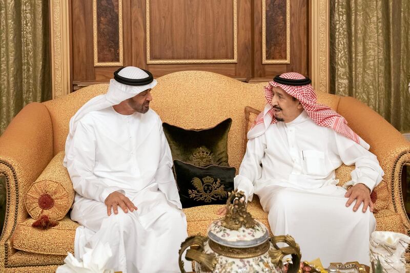 RIYADH, SAUDI ARABIA - April 16, 2019: HH Sheikh Mohamed bin Zayed Al Nahyan, Crown Prince of Abu Dhabi and Deputy Supreme Commander of the UAE Armed Forces (L) meets with HM King Salman Bin Abdulaziz Al Saud of Saudi Arabia and Custodian of the Two Holy Mosques (R), at Irqah Palace.

( Mohamed Al Hammadi / Ministry of Presidential Affairs )
---
