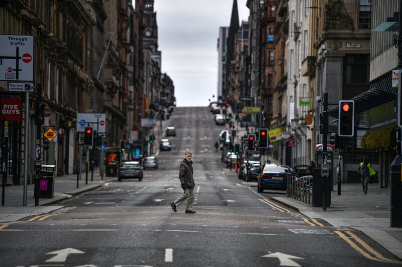 An empty St Vincent Street in Glasgow during a Covid-19 lockdown in April 2020. Getty Images