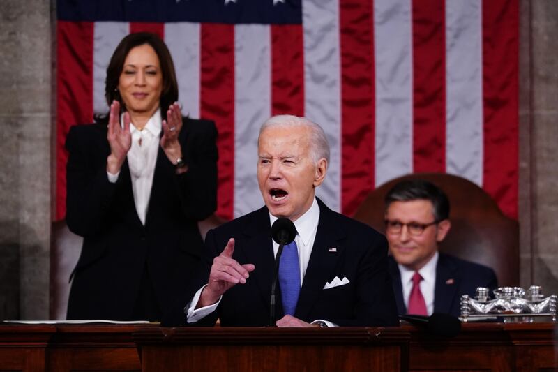 Mr Biden criticised his probable presidential election rival Donald Trump during the speech. EPA