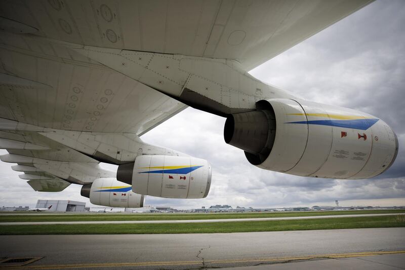 Three engines are seen on the wing of the Antonov AN-225 Mriya aircraft. Bloomberg