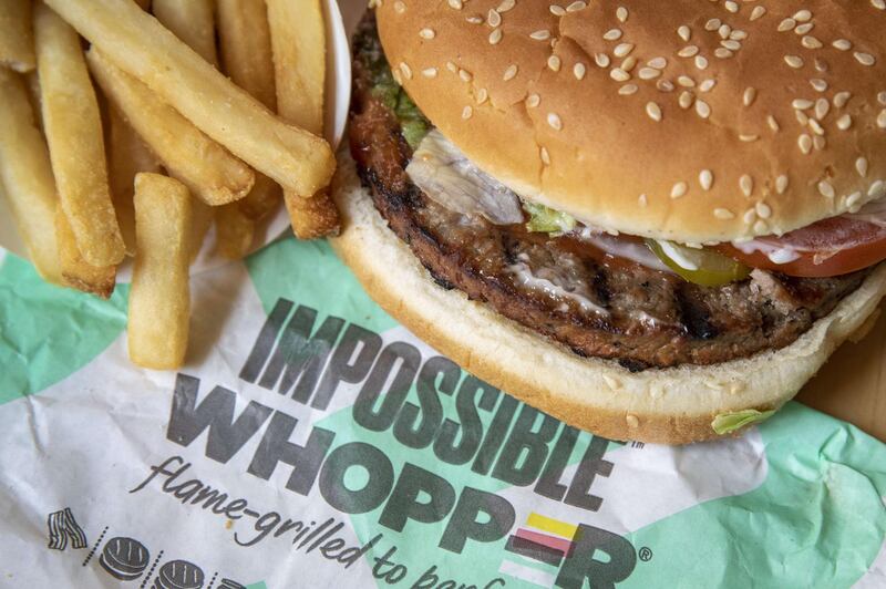 NEW YORK, NY - AUGUST 8: In this photo illustration, the new Impossible Whopper sits on a table on August 8, 2019 in the Brooklyn borough of New York City. On Thursday, Burger King is launching its soy-based Impossible Whopper at locations nationwide. The meatless patties are produced by California tech startup Impossible Foods. A single Impossible Whopper sandwich costs $5.99.   Drew Angerer/Getty Images/AFP
== FOR NEWSPAPERS, INTERNET, TELCOS & TELEVISION USE ONLY ==
