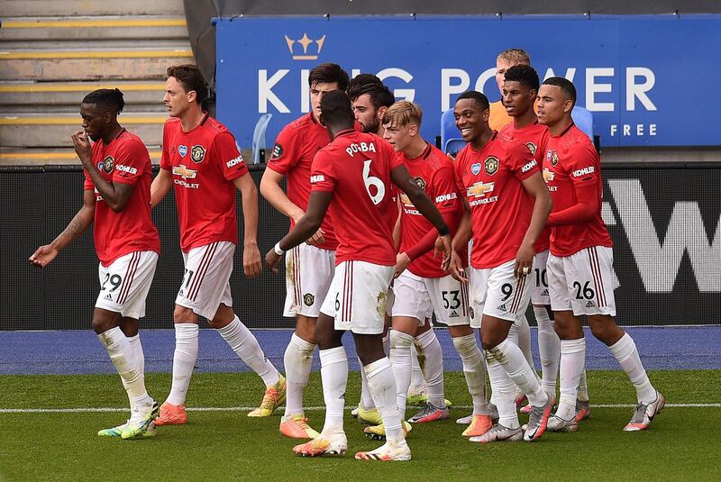 Manchester United's Bruno Fernandes celebrates scoring his side's first goal of the game during the Premier League match at the King Power Stadium, Leicester. PA Photo. Picture date: Sunday July 26, 2020. See PA story SOCCER Leicester. Photo credit should read: Oli Scarff/NMC Pool/PA Wire. RESTRICTIONS: EDITORIAL USE ONLY No use with unauthorised audio, video, data, fixture lists, club/league logos or "live" services. Online in-match use limited to 120 images, no video emulation. No use in betting, games or single club/league/player publications.