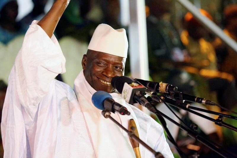 Yahya Jammeh waves during a campaign rally for the presidential election on December 1, 2016 that he lost to Adama Barrow. Thierry Gouegnon / Reuters / November 29, 2016