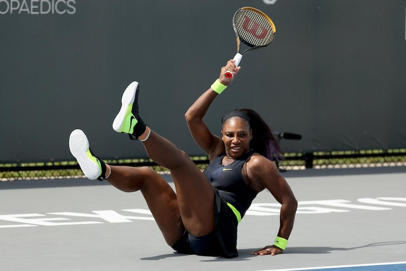 Serena Williams takes a tumble during her comeback match against Bernarda Pera during the Top Seed Open  in Kentucky. AFP