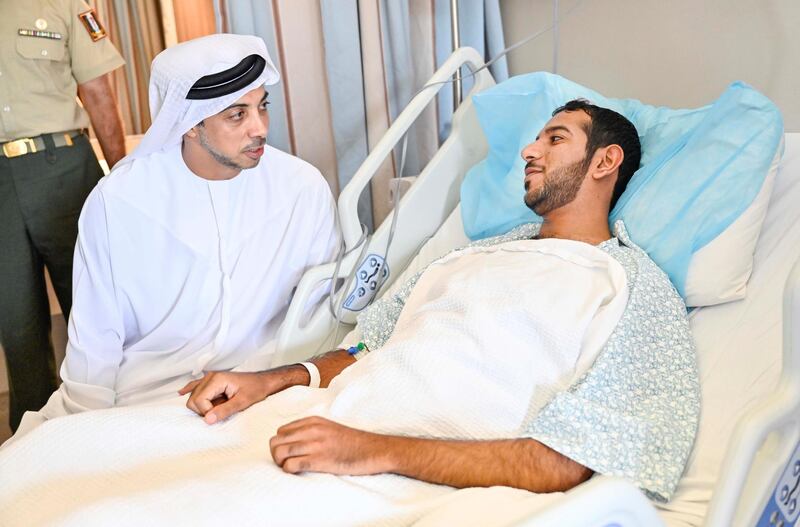 Sheikh Mansour bin Zayed, Deputy Prime Minister and Minister of Presidential Affairs, visits soldiers in Zayed Military Hospital where they are being treated for
injuries sustained while on active operations. Sheikh Mansour praised them for their heroism and dedication: ‘Future generations will remember these acts of
bravery, and learn from the values of giving and sacrifice you have made during your national duty that reflect your pride and love for the homeland’ Wam