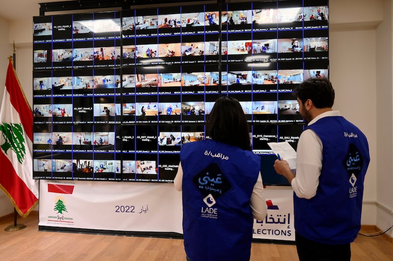 Observers from the LADE association monitor the parliamentary elections taking place outside Lebanon at an operation room to observe the voting process through screens at the Ministry of Foreign Affairs in downtown Beirut, Lebanon. EPA