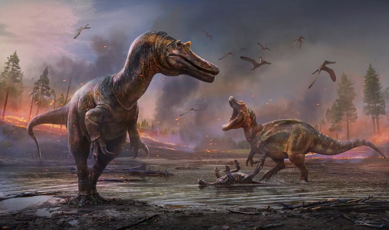 An artist's impression of 'Ceratosuchops inferodios', foreground, and 'Riparovenator milnerae'. These new species of dinosaur roamed what is now the Isle of Wight, off England's south coast, 125 million years ago. All photos: PA