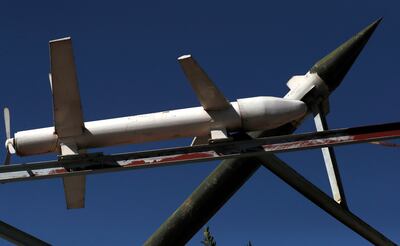 A mock Houthi-made drone and missile in Sanaa, Yemen. EPA