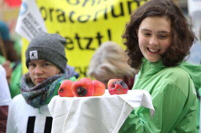 epa07962172 An environmental activist holds rotten apples at a protest prior to a court session in which three farmer families, along with the environmental protection organization Greenpeace, sue the German government over climate policy, at the Berlin Administrative Court in Berlin, Germany, 31 October 2019. For the first time, a court in Germany is observing a case related to the government's action over climate protection. The plaintiff families from the German states of Brandenburg, Lower Saxony and Schleswig-Holstein, will argue in court that the inadequate enviornmental policy of the federal government, led by German Chancellor Angela Merkel in dealing with the global warming issue, leads to a violation of their fundamental rights.  EPA/OMER MESSINGER