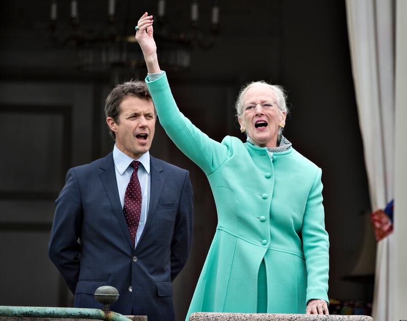 Queen Margrethe of Denmark with her son Crown Prince Frederik at Marselisborg Castle in 2017, to celebrate her 77th birthday. AP